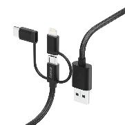 HAMA 183304 3in1-Micro-USB-Kabel mit Adapter auf USB-Type-C u. Lightning, 1,5m, Schwarz 