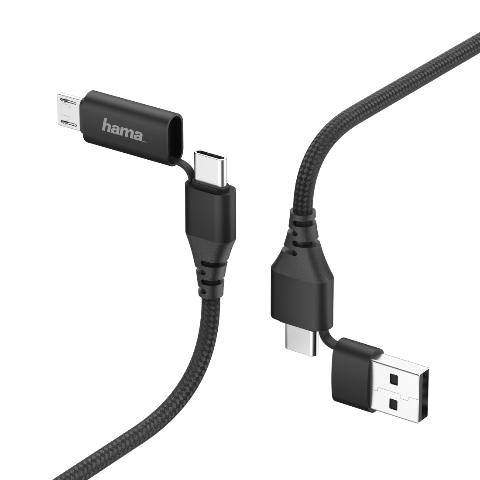 HAMA 183296 4in1-Type-C-Kabel mit Micro-USB- und USB-A-Adapter, 1,5 m, Schwarz