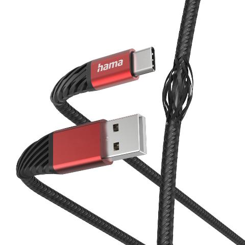 HAMA 201540 Ladekabel "Extreme", USB-A - USB-C, 1,5 m, Nylon, Schwarz/Rot