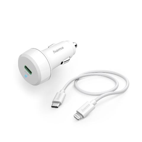 HAMA 201611 Auto-Schnellladegerät mit Ladekabel Lightning, PD, 20W, 1 m, Weiß
