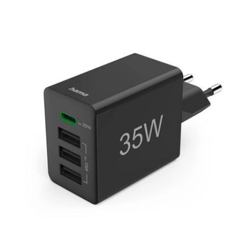 HAMA 201990 | Schnellladegerät, 1x USB-C PD, 3x USB-A, Mini-Ladegerät, 35W, Schwarz