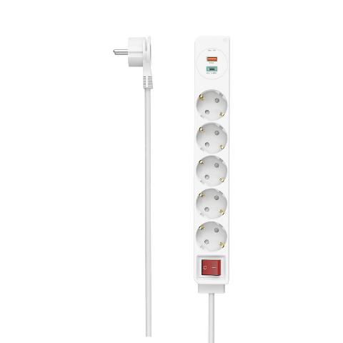 HAMA 223186 Steckdosenleiste, 5-fach, USB-C/A 18W, PD/QC™, Schalter, Flachst., 1,4 m, W